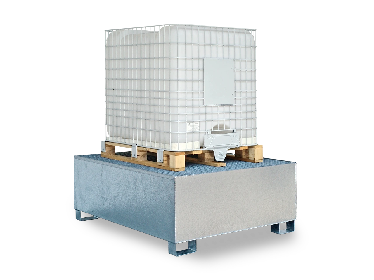 Auffangwanne aus Stahl für 1 IBC, 1000 l, Gitterrost, unterfahrbar, verzinkt