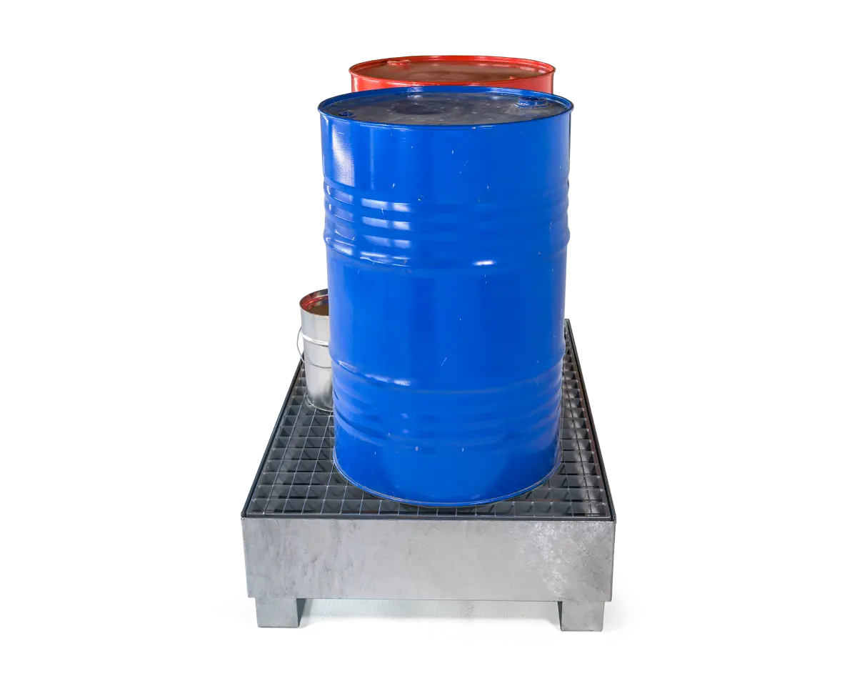 Auffangwanne aus Stahl für 2 × 200 l Fässer, Gitterrost, unterfahrbar, verzinkt Seitenansicht der Auffangwanne für zwei 200 Liter Fässer.