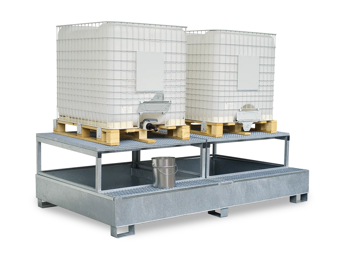 Abfüllstation für 2 IBCs, mit 1000 l Auffangwanne, Gitterrost, verzinkt.