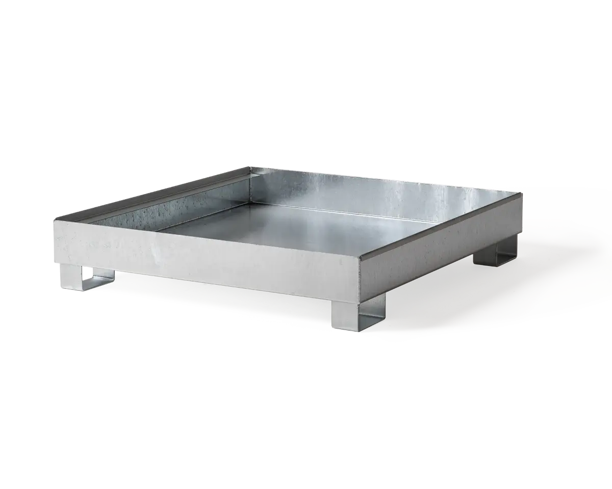 Auffangwanne aus Stahl für 4 × 200 l Fässer, quadratisch, ohne Gitterrost, unterfahrbar, verzinkt.