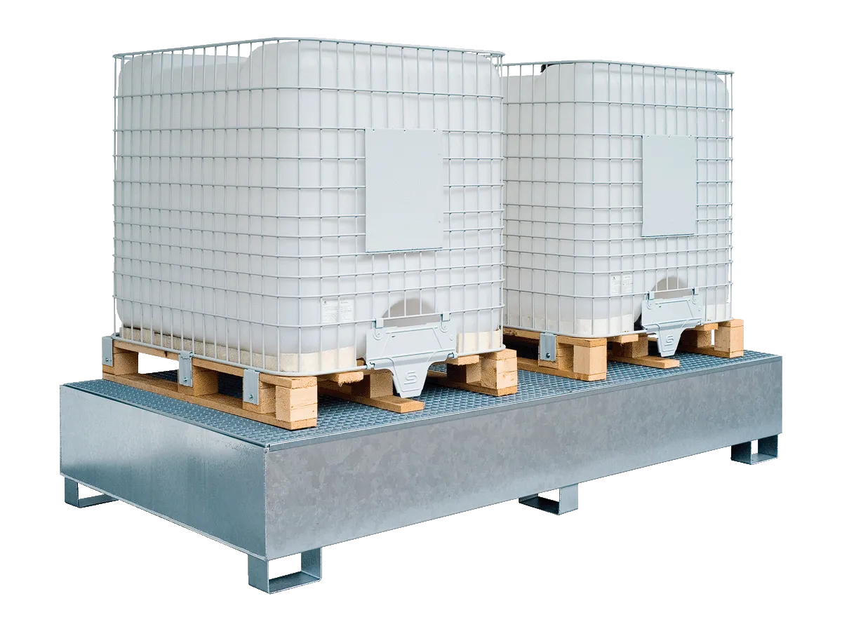 Auffangwanne aus Stahl für 2 IBCs, 1000 l, unterfahrbar, verzinkt, mit Gitterrost.