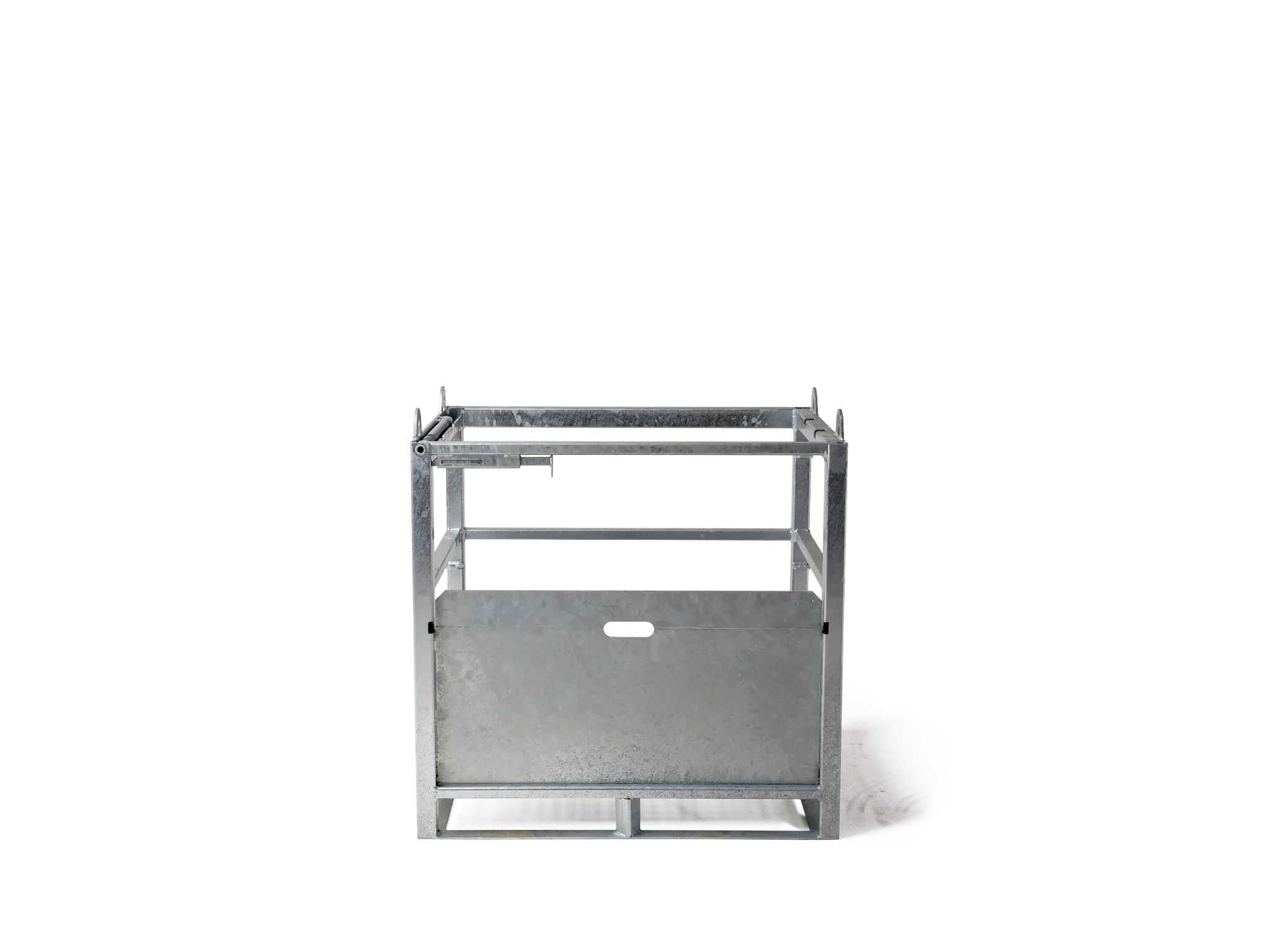 Frontansicht einer verzinkten Gasflaschenpalette für bis zu zwölf Gasflaschen mit klappbaren Sicherheitsbügeln.