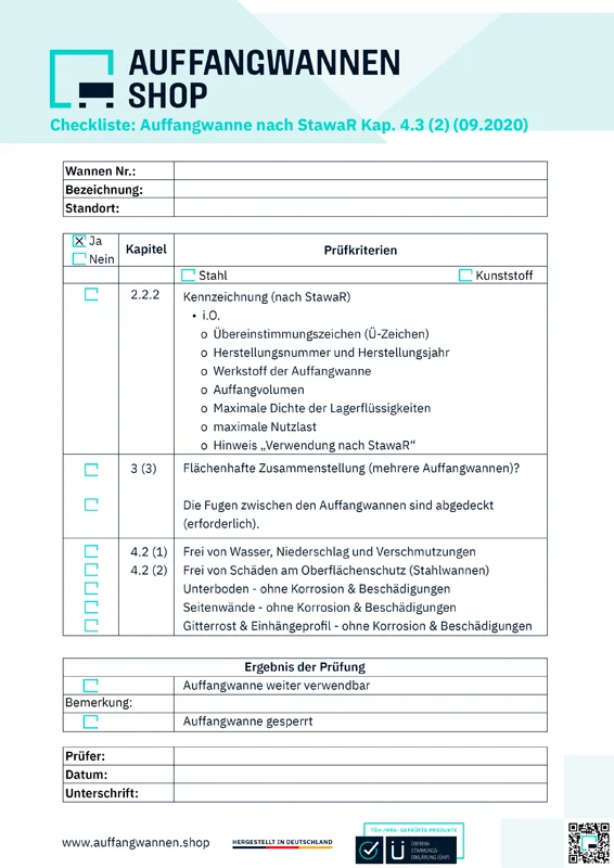 Checkliste - Prüfung von Auffangwannen.