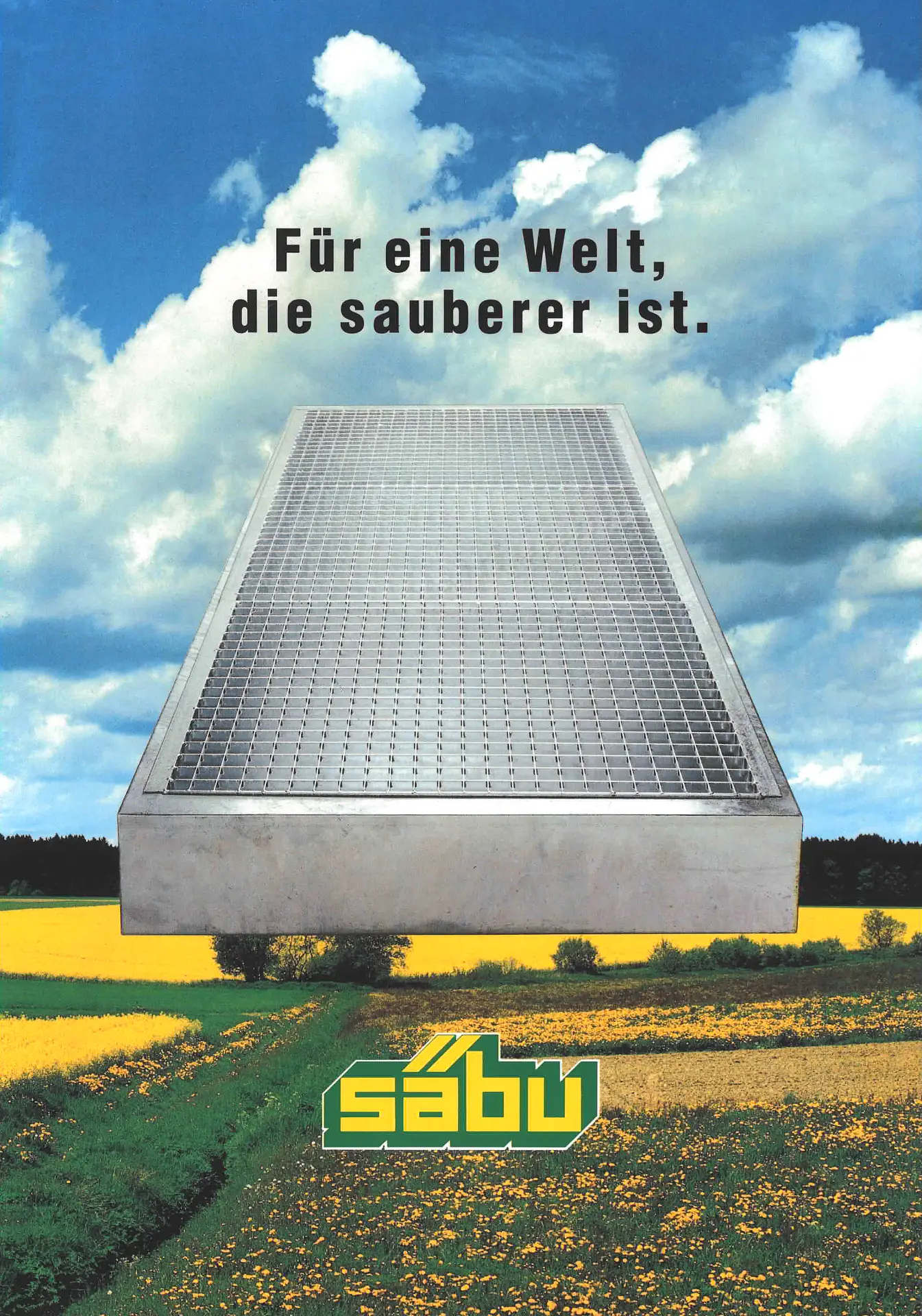 Werbe-Prospekt von 1987 - Montage - Auffangwanne schwebt über Rapsfeld unter blauem Himmel.
