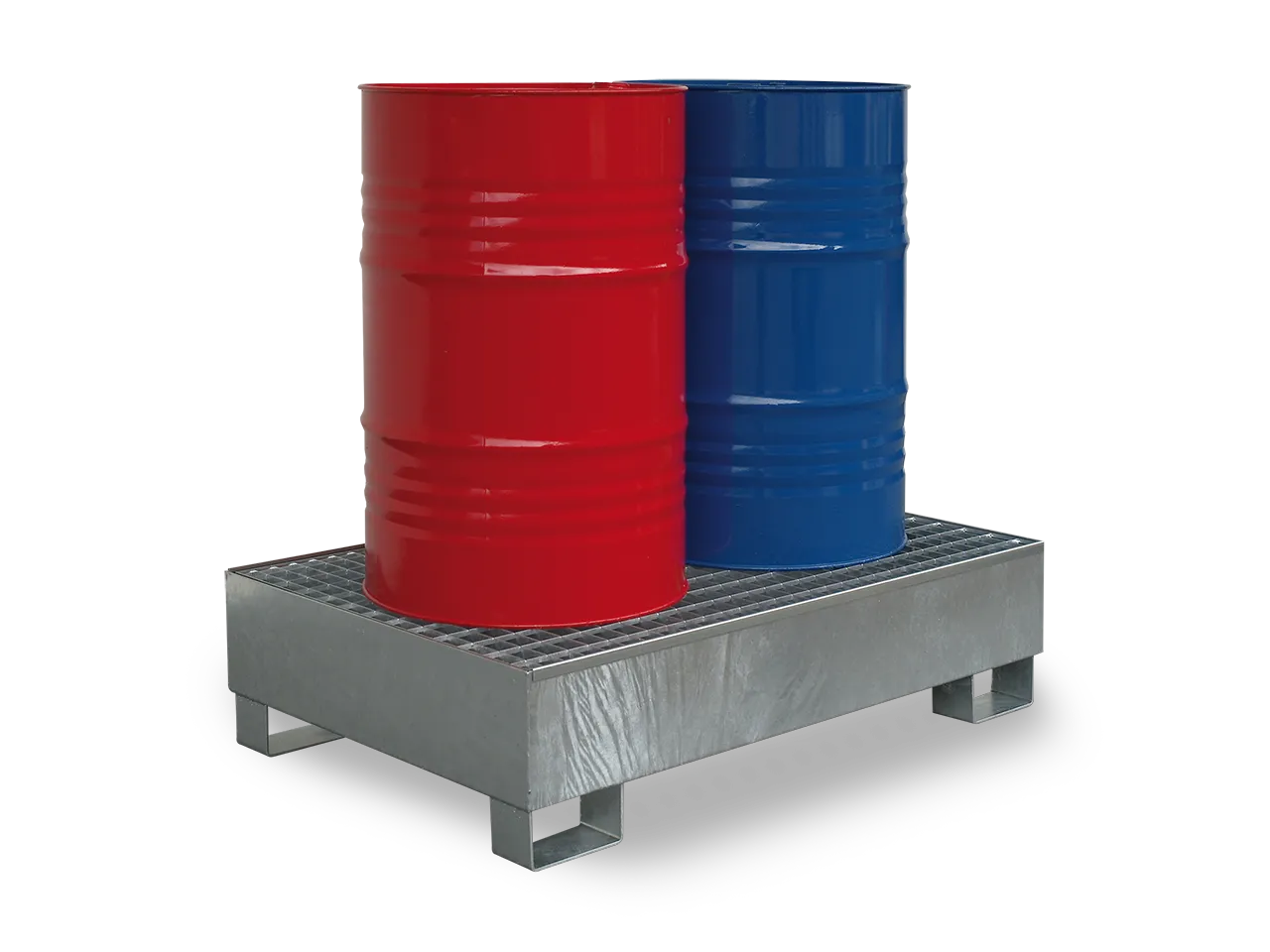 Auffangwanne aus Stahl für 2 × 200 l Fässer, Gitterrost, unterfahrbar, verzinkti 200 Liter Fässern.
