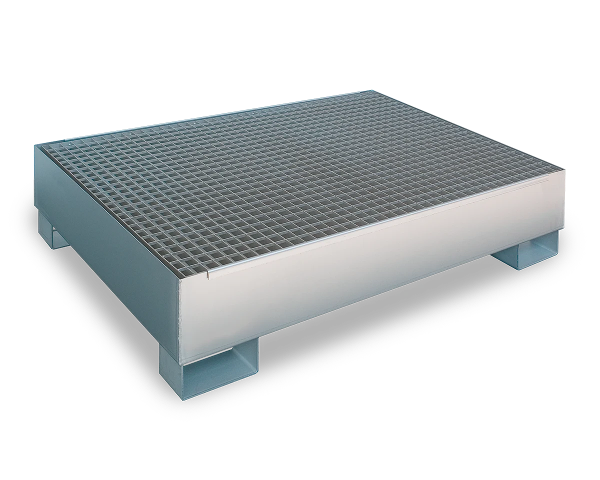 Auffangwanne aus Stahl für 4 × 200 l Fässer, quadratisch, Gitterrost, unterfahrbar, verzinkt.