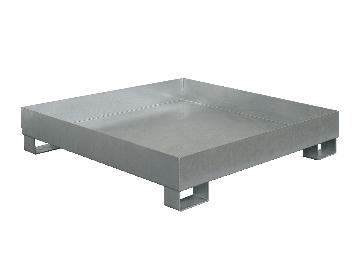 Auffangwanne aus Stahl für 4 × 200 l Fässer, quadratisch, ohne Gitterrost, unterfahrbar, verzinkt.