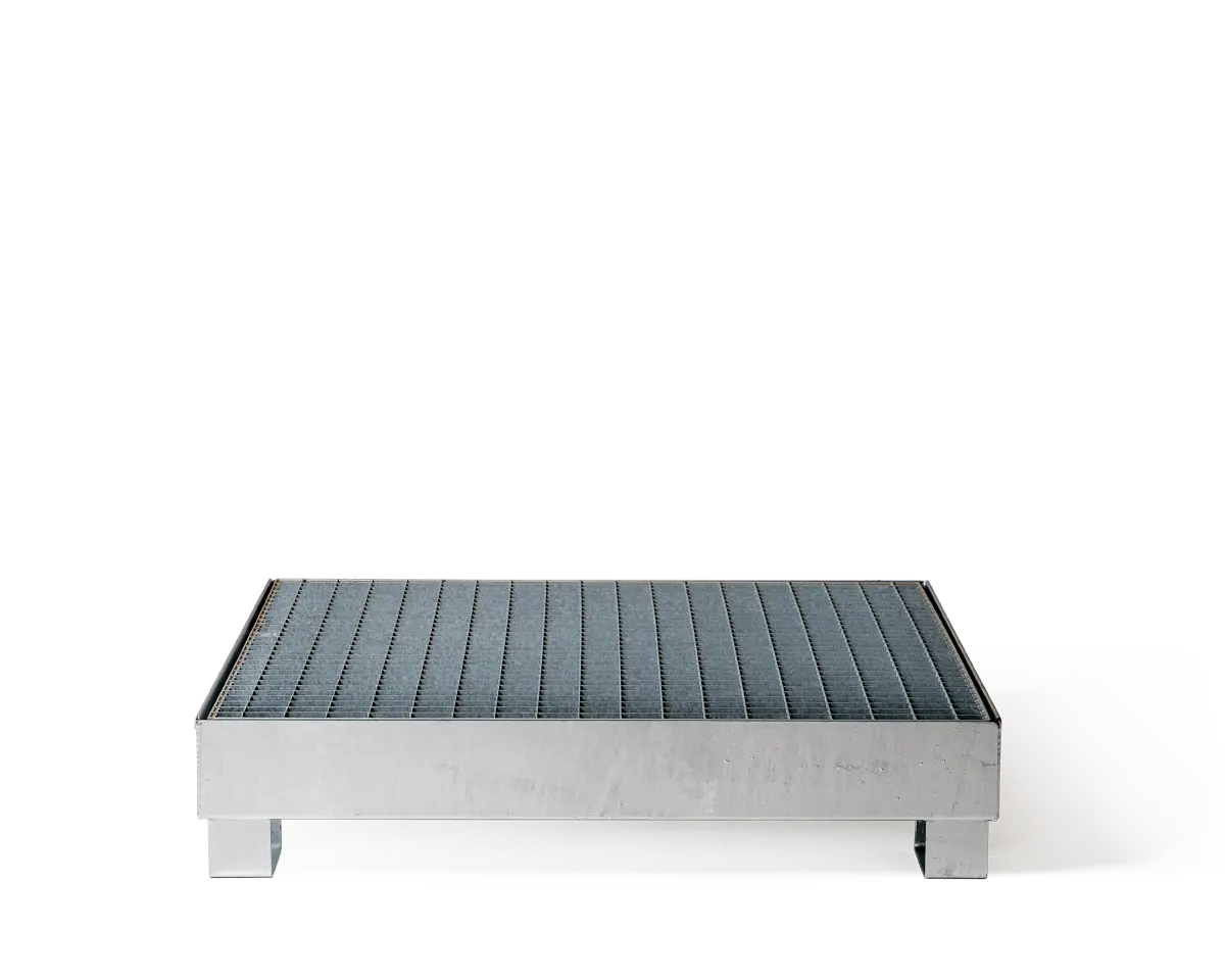 Auffangwanne Stahl für 4 × 200 l Fässer, 1340 mm × 1270, Gitterrost, unterfahrbar