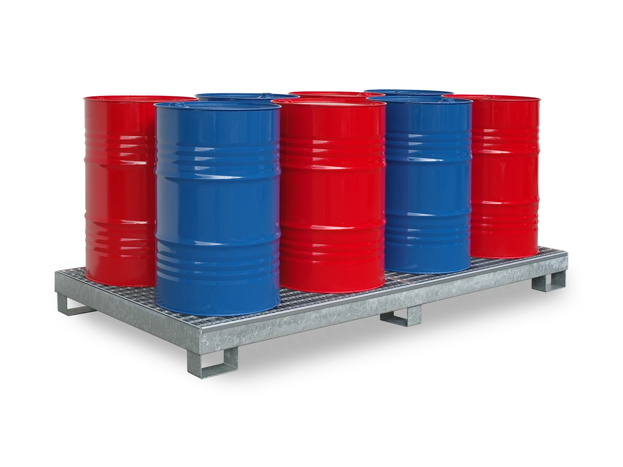 Auffangwanne Stahl für 8 × 200 l Fässer, Gitterrost, unterfahrbar, verzinkt.