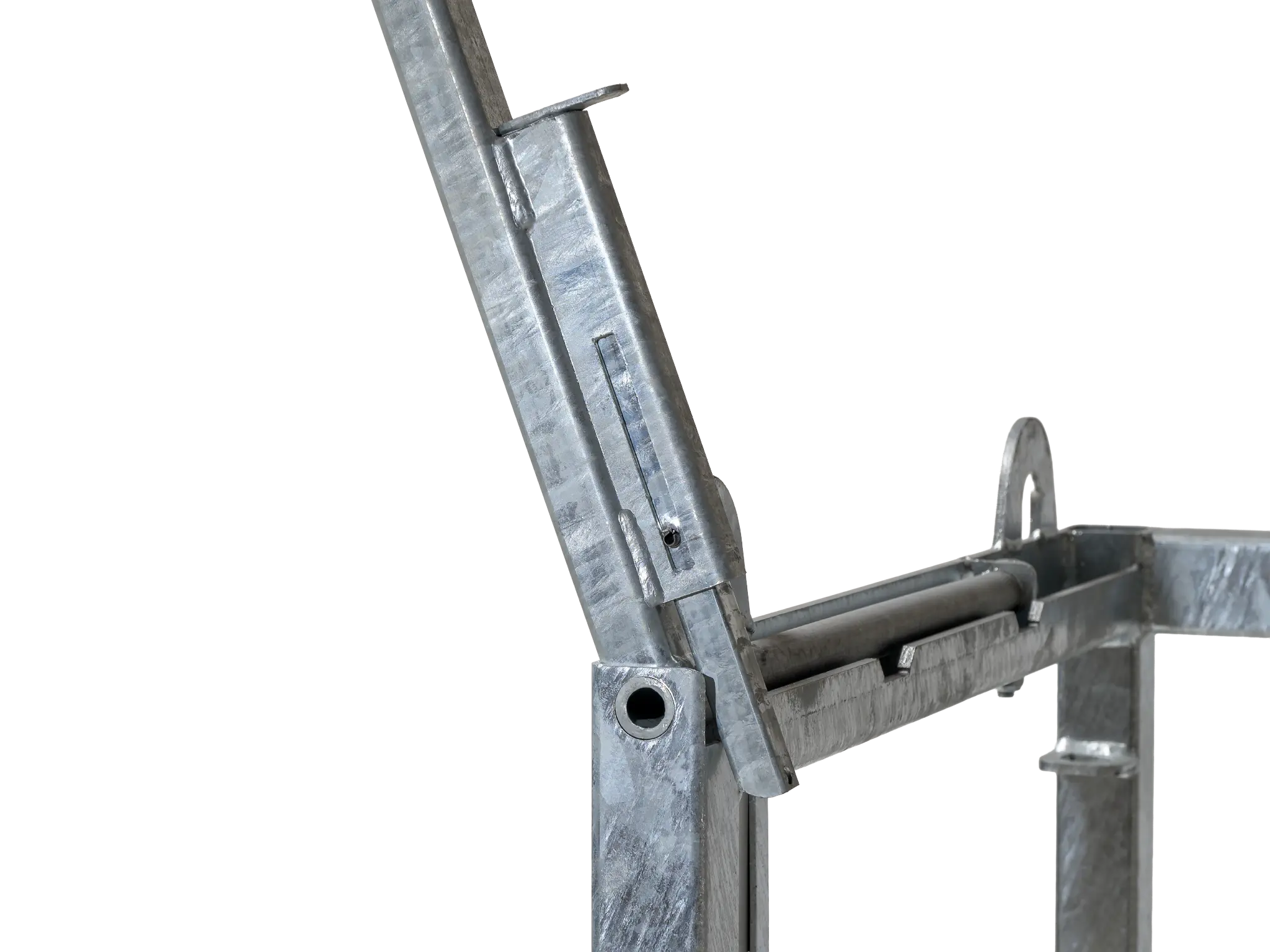 Detailansicht der verzinkten Rahmenkante und Verriegelung der Gasflaschenpalette.