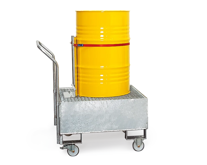 Fahrbare Auffangwanne aus Stahl mit Fasshalter für 50/60 oder 200 l Fass.
