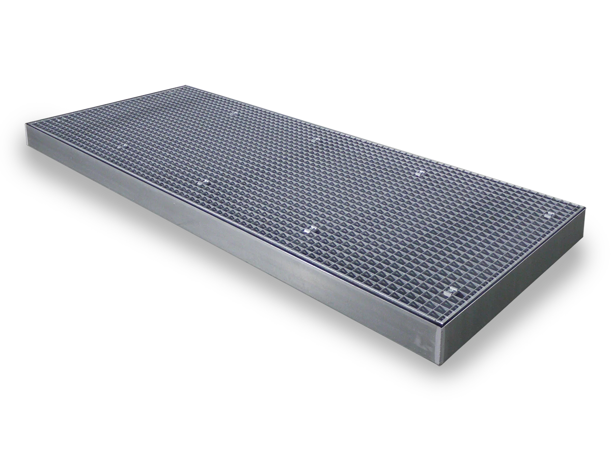 Auffangwanne aus verzinktem Stahl (2,5 x 1 m) mit Gitterrost, ideal für Leckageschutz.