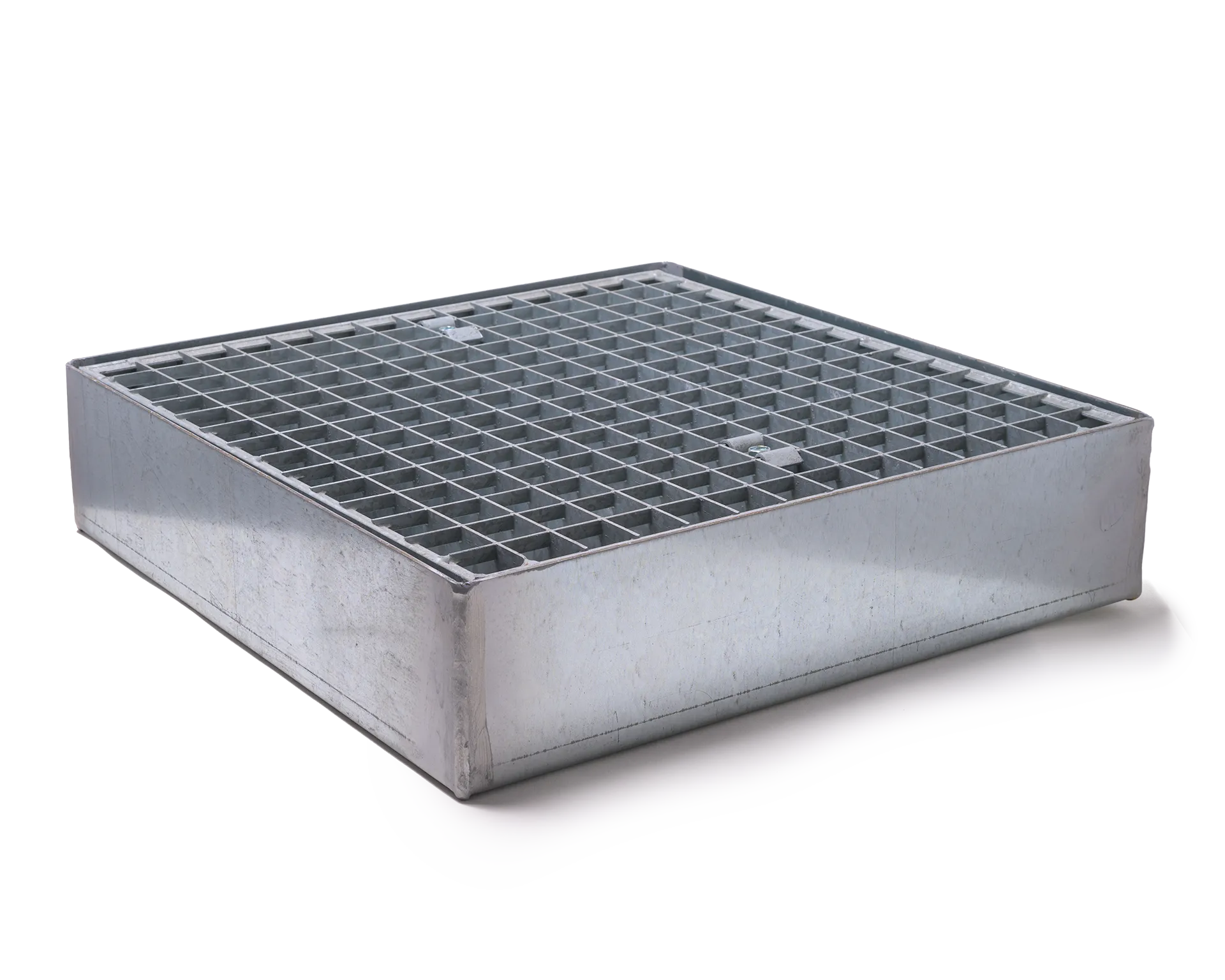 Auffangwanne aus verzinktem Stahl (0,5 x 0,5 m) mit Gitterrost, ideal für Leckageschutz.