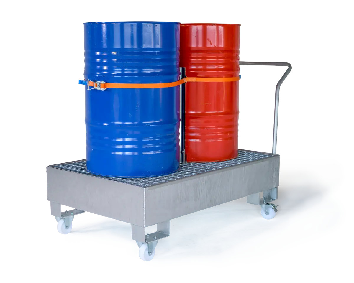 Fahrbare Auffangwanne aus Stahl für 2 × 200 l Fässer, mit Fasshalter.