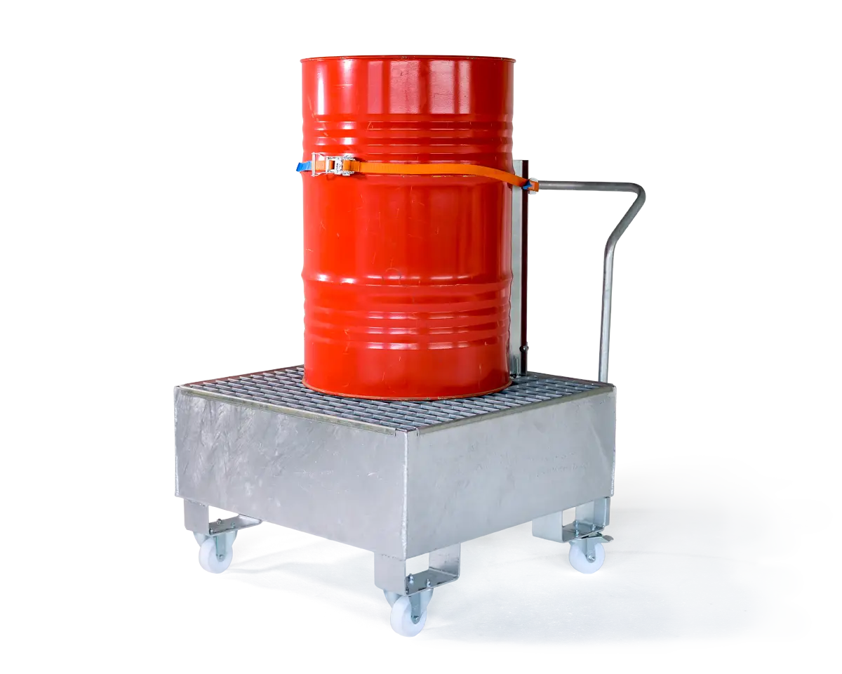 Fahrbare Auffangwanne aus Stahl, bestückt mit rotem 200 Liter Fass.