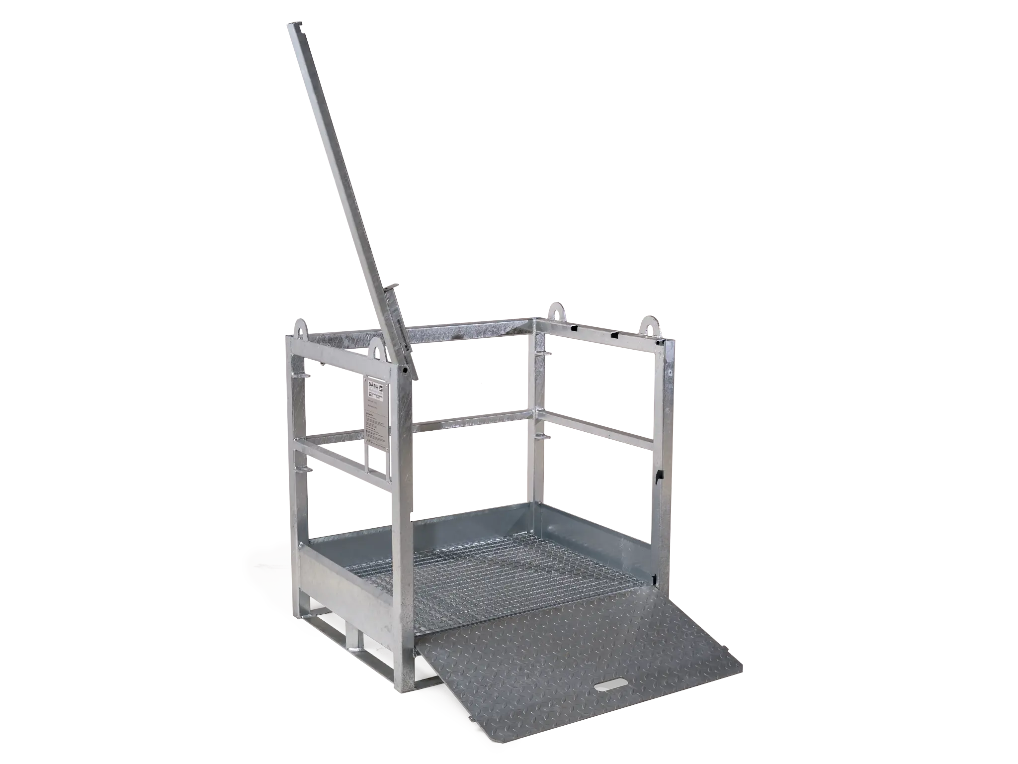 Schrägansicht einer verzinkten Gasflaschenpalette mit geöffneter Rampe und Sicherheitsbügel.