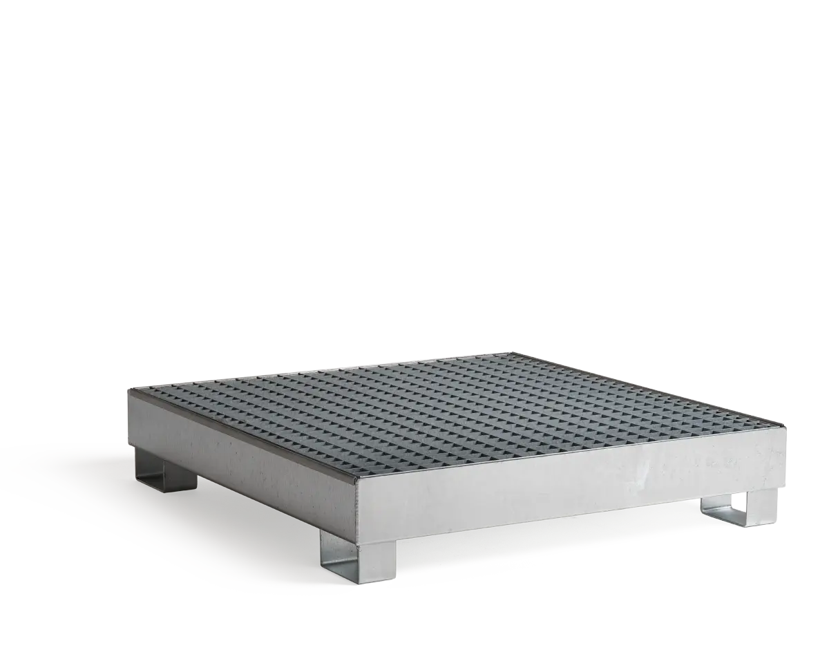 Auffangwanne Stahl für 4 × 200 l Fässer, 1340 mm × 1270, Gitterrost, unterfahrbar
