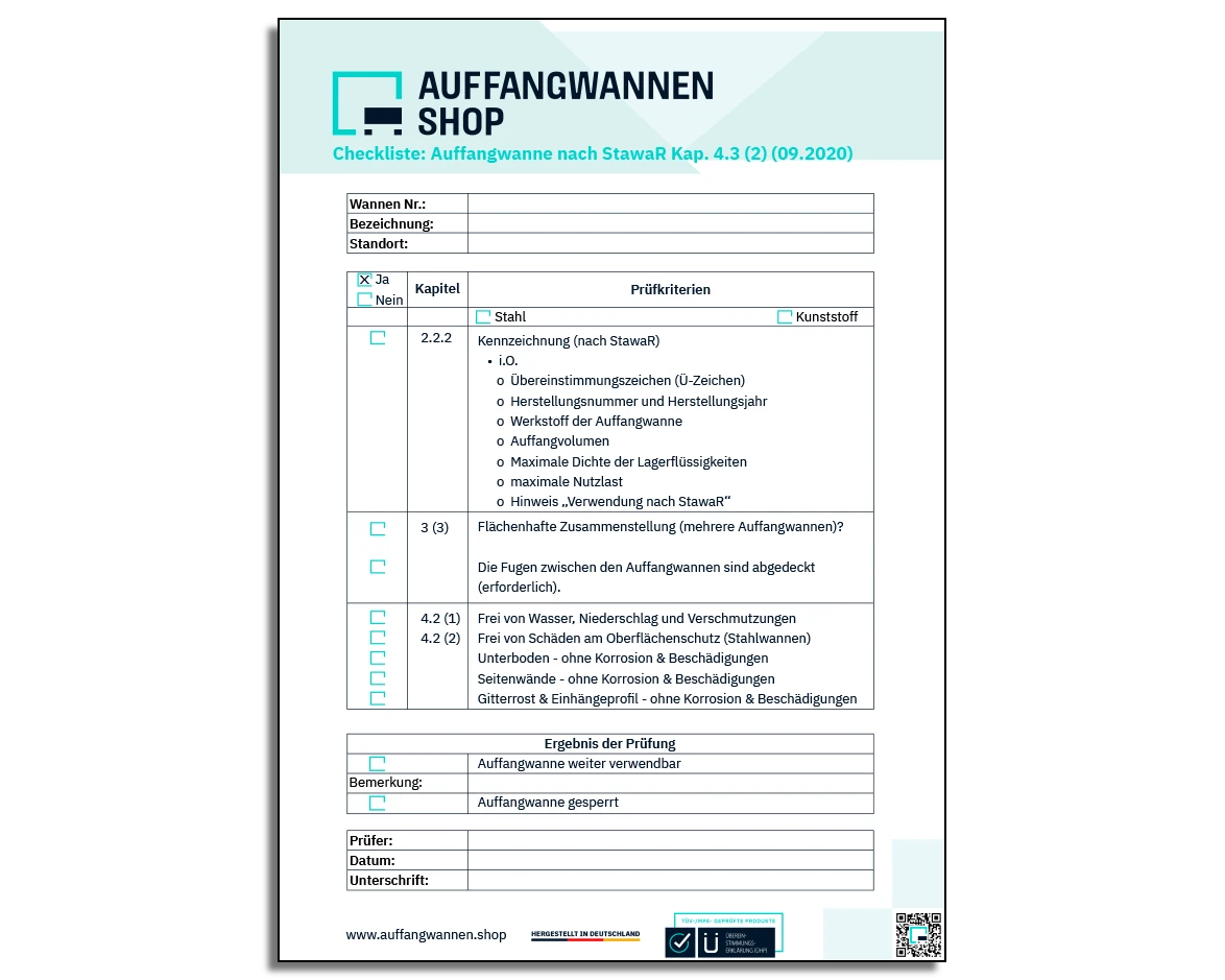 Checkliste zur regelmäßigen Prüfung von Auffangwannen.