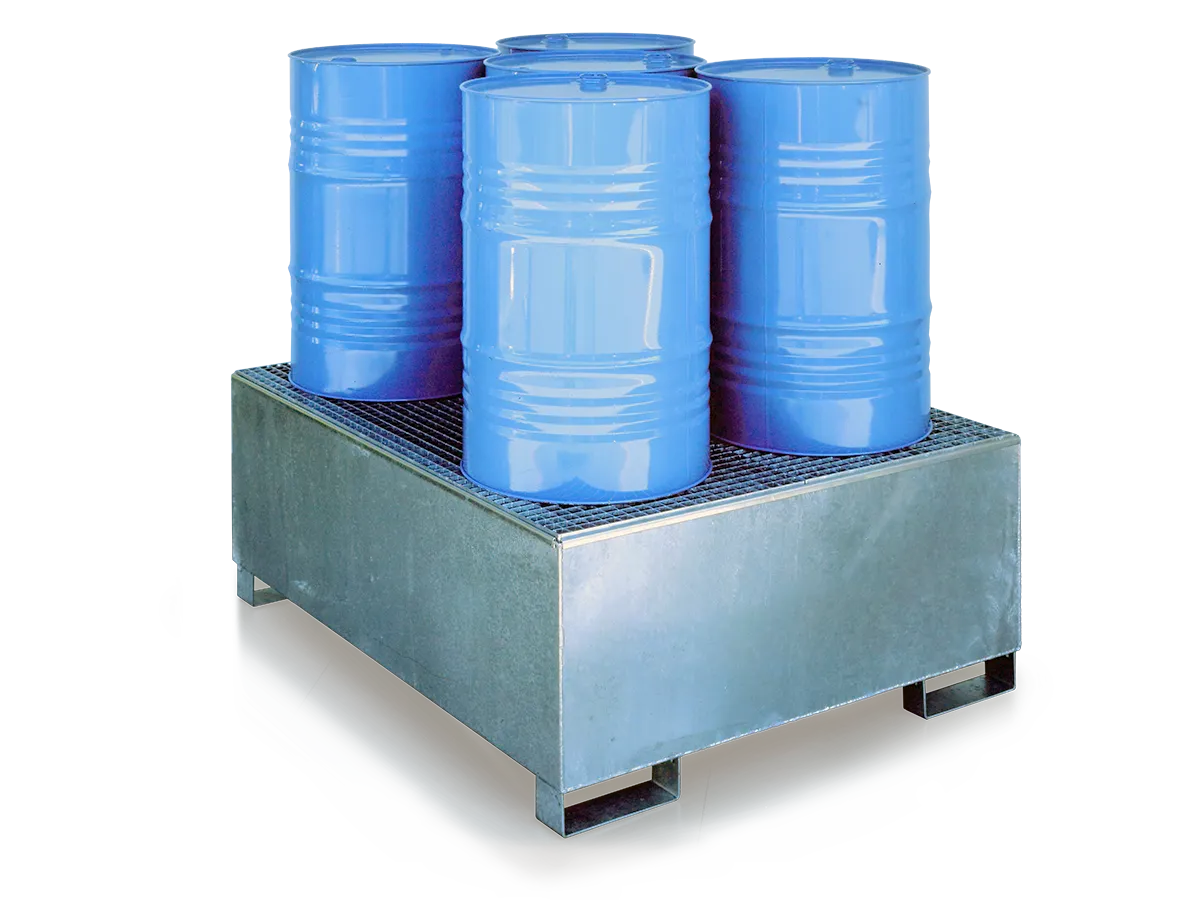 Auffangwanne aus Stahl für Fässer oder IBC, 1000 l, Gitterrost, unterfahrbar, verzinkt.